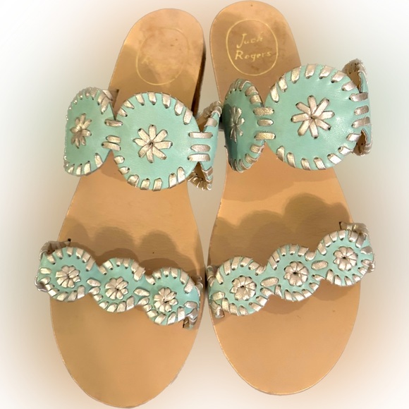 Jack Rogers Aqua/Turquoise/Blue/Green double strap leather sandal.  Very Cute! - Picture 2 of 4